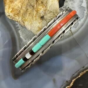 Vintage Signed Native American Silver Multi Gemstone Inlay Bracelet For Women